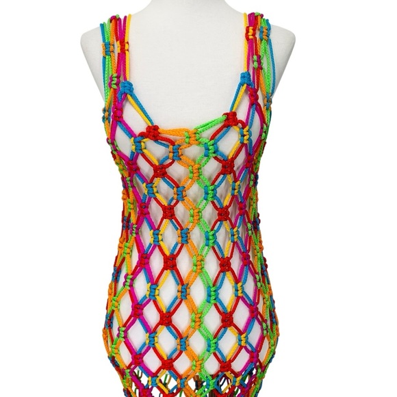 Pitusa Macrame Tassel Dress Rainbow One Size Stretchy Cover Up Beach Vacation - Picture 5 of 11